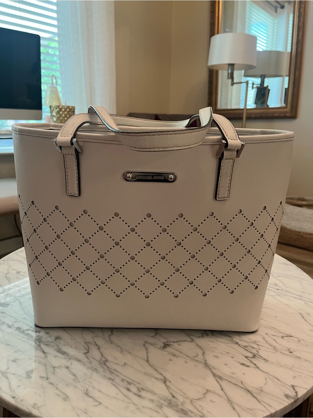 Michael Kors White Perforated Leather Tote - Picture 1 of 6